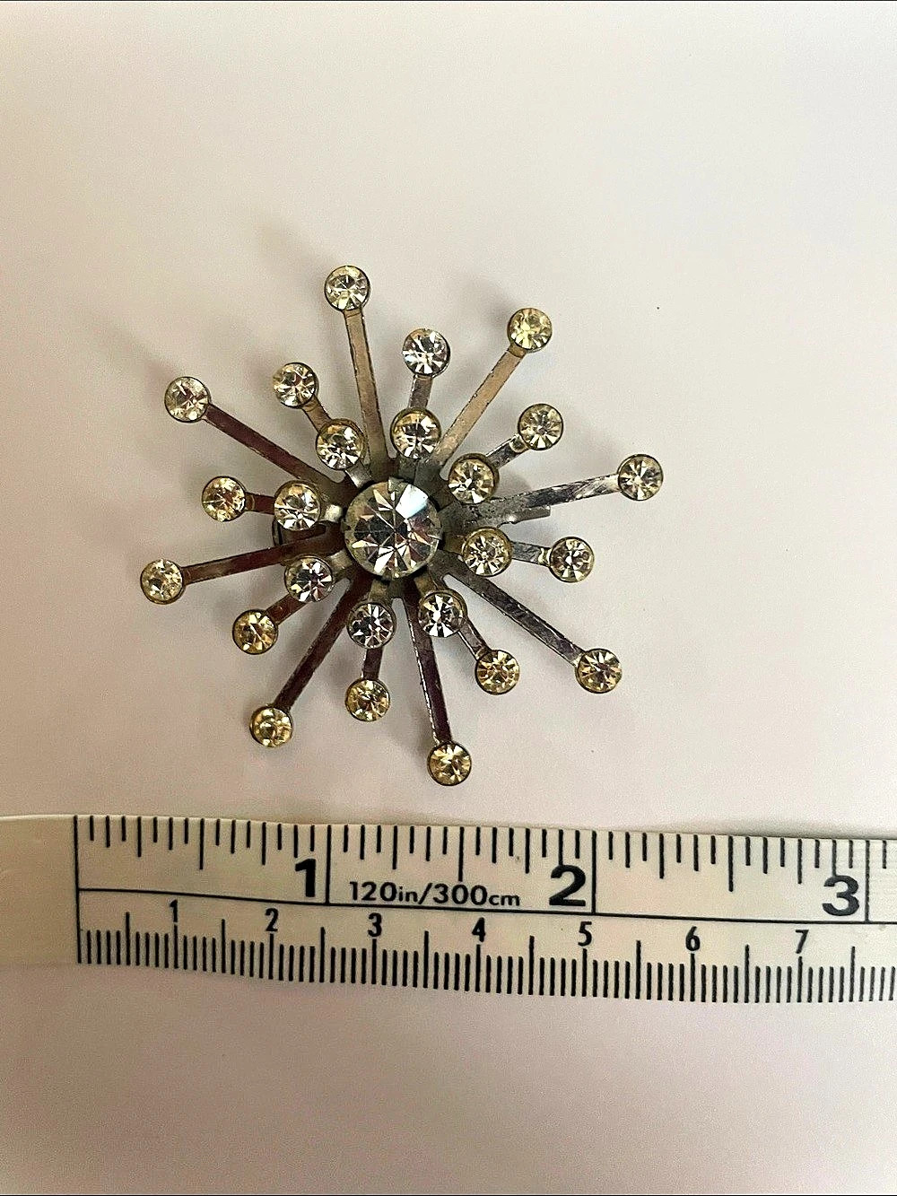 Vintage Atomic Starburst Rhinestone Brooch Silver Gold Tone